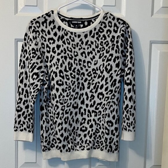 Lands' End Sweaters - Lands’ End White‎ Leopard 100% Suptima Cotton Sweater Leopard 3/4 Sleeves Size M